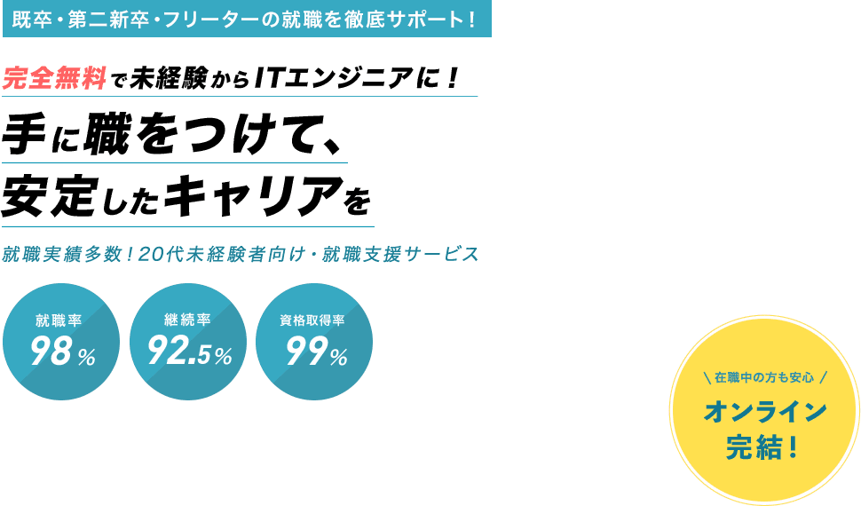 既卒・第二新・フリーターの転職を徹底サポート！完全無料で未経験からITエンジニアに！手に職をつけて、安定したキャリアを。