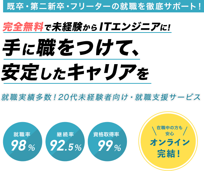 既卒・第二新・フリーターの転職を徹底サポート！完全無料で未経験からITエンジニアに！手に職をつけて、安定したキャリアを。